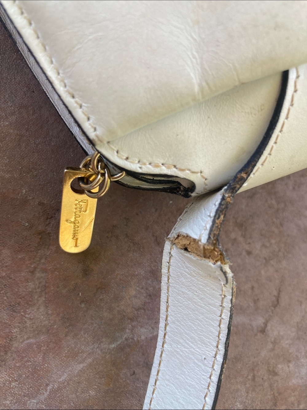 Distressed Salvatore Ferragamo Cream Leather Crossbody with Gold Hardware - Picture 8 of 10